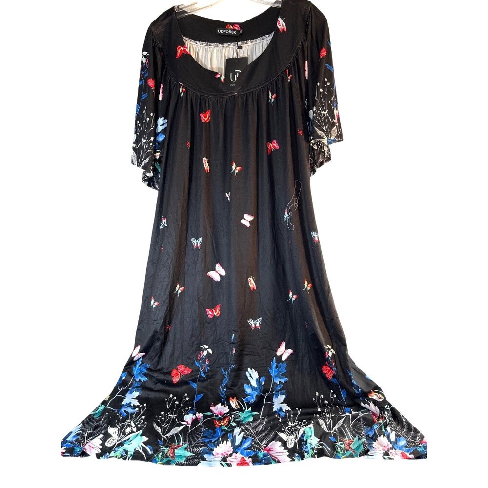 UDFORSK Womens Night Gown Maxi Black Multi Floral Butterfly V- Neck Pockets Size